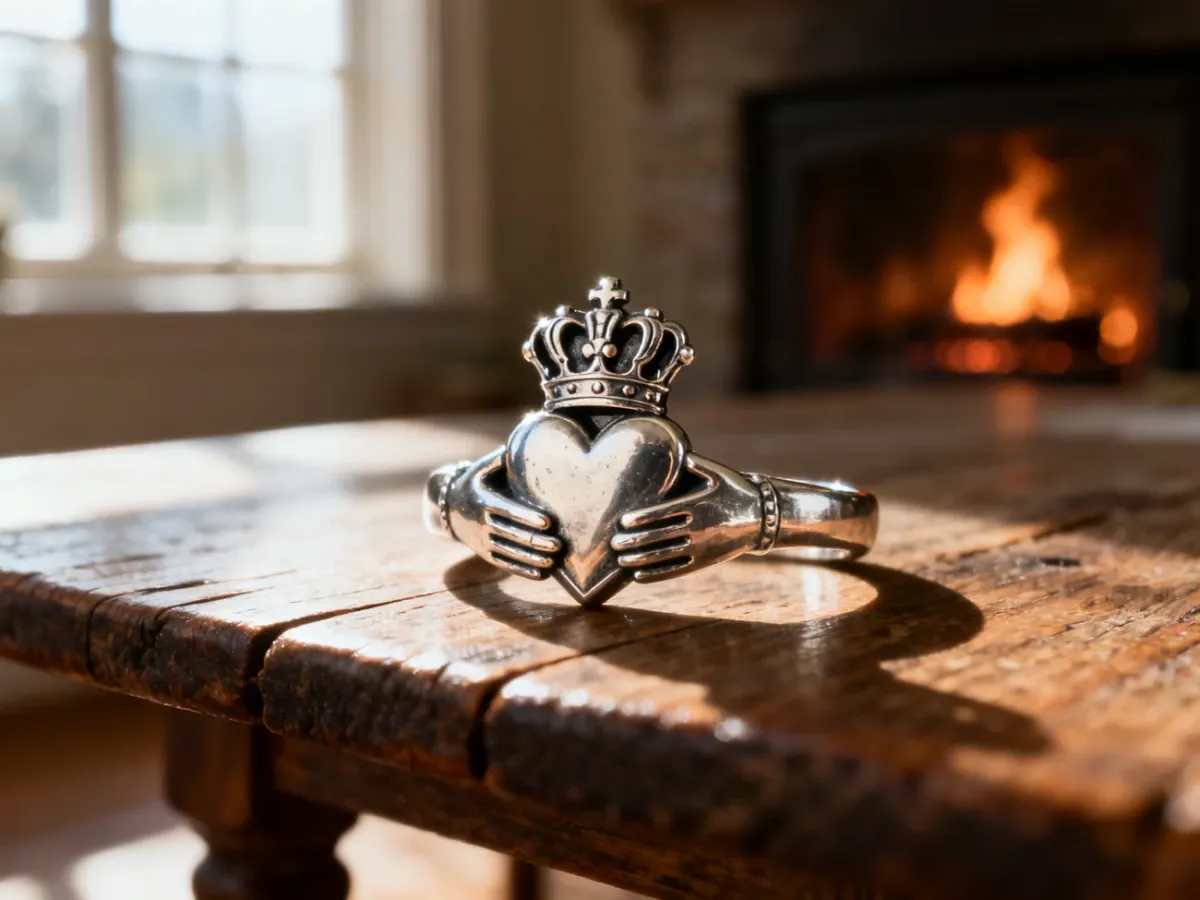 Tradycyjny srebrny pierścień Claddagh z sercem, dłońmi i koroną spoczywający na drewnianym stole w przytulnym wnętrzu.