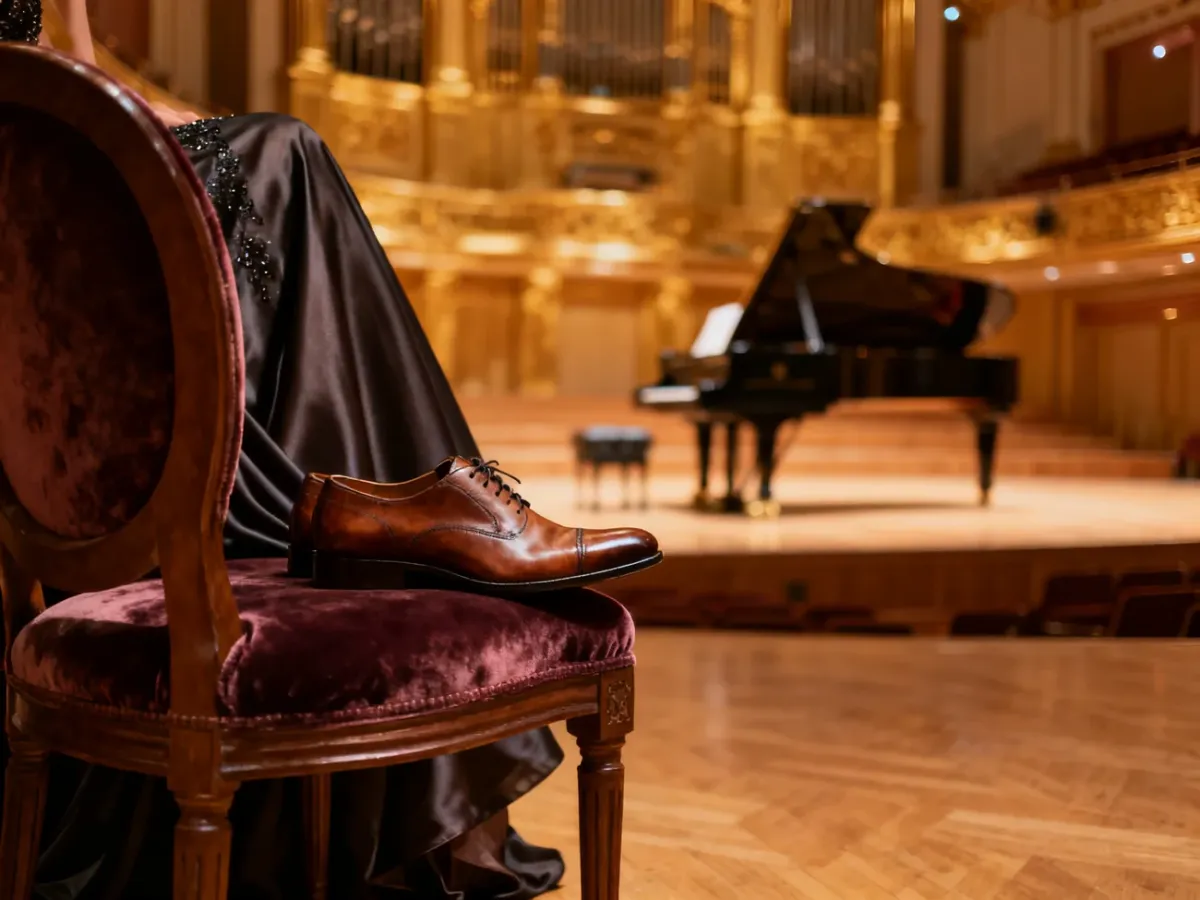 Eleganckie buty i fragment wieczorowej sukni na tle wnętrza filharmonii, podkreślające uroczysty charakter koncertu.