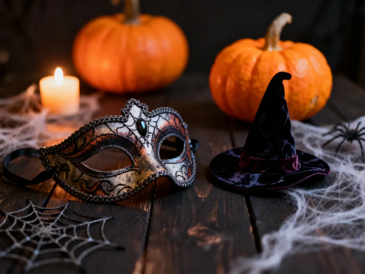 Kompozycja z maską karnawałową, kapeluszem czarownicy i dyniami na ciemnym tle, wprowadzająca w halloweenowy nastrój.