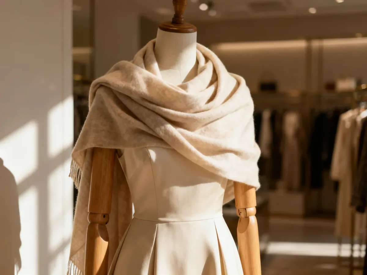 Elegancki szal typu pashmina narzucony na koktajlową sukienkę na manekinie, prezentujący stylowe połączenie dodatków.