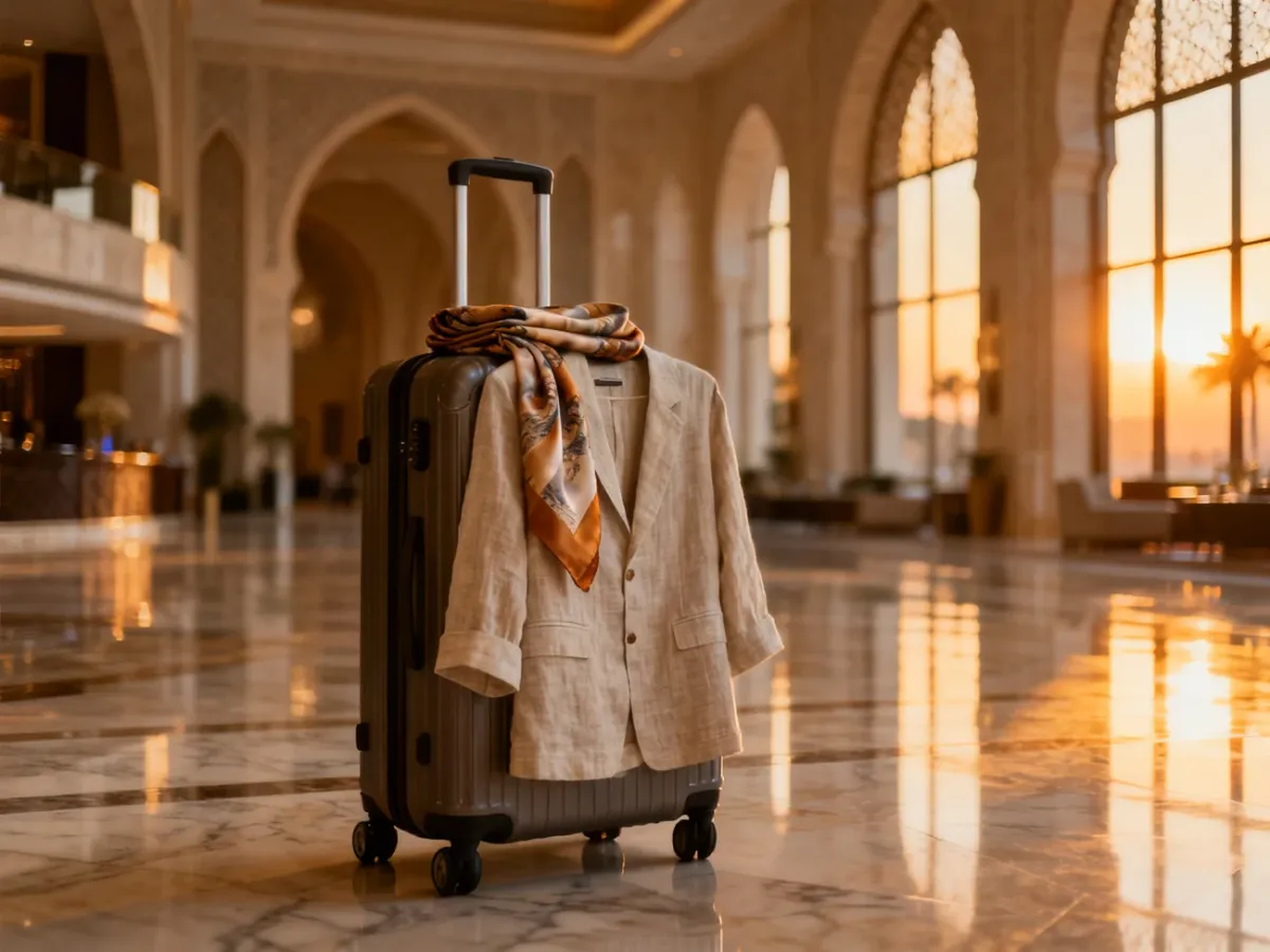 Elegancka walizka z lnianym ubraniem w luksusowym lobby w Dubaju, ilustrująca stylizacje odpowiednie dla turystów.