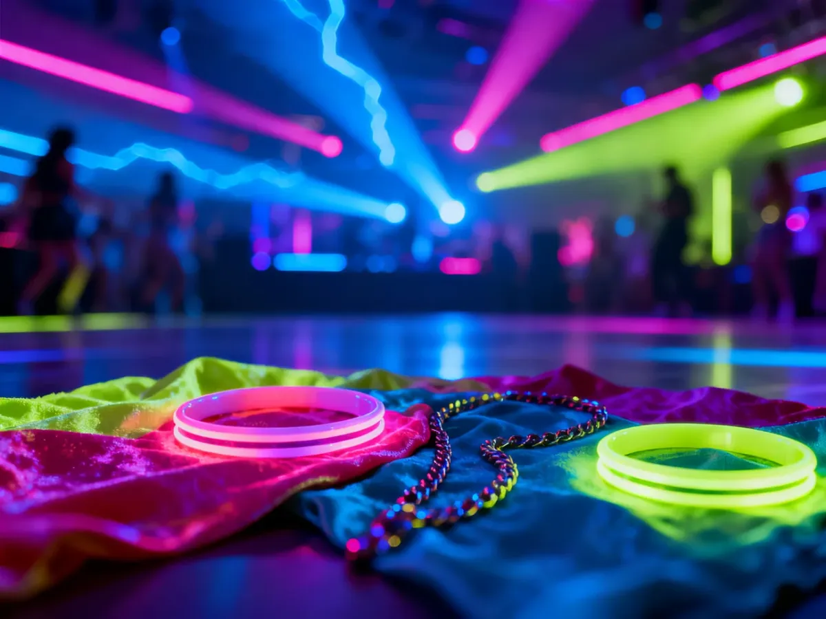Parkiet rozświetlony neonowymi światłami UV z wyeksponowanymi jaskrawymi akcesoriami, idealny na imprezę w stylu fluo.