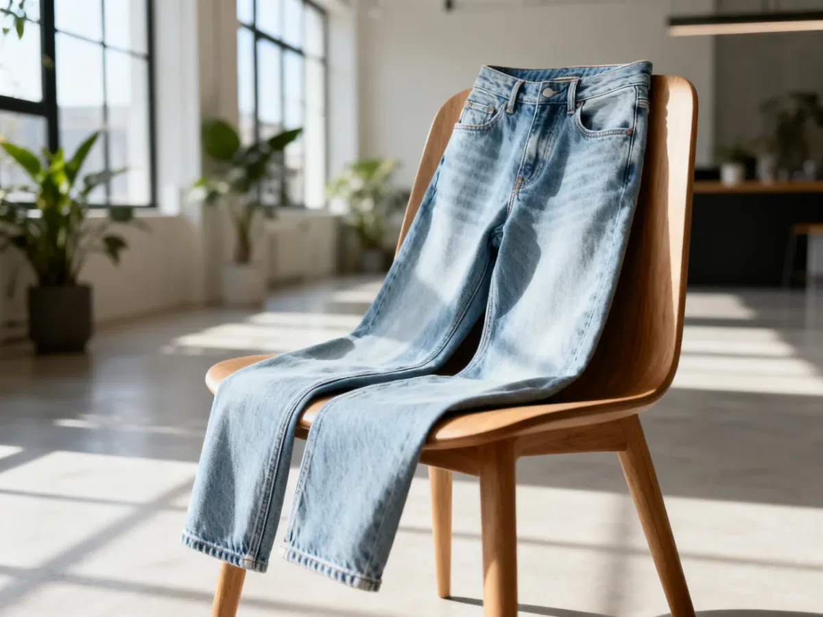 Jasnoniebieskie jeansy typu mom fit wyeksponowane na drewnianym krześle w jasnym, nowoczesnym wnętrzu.