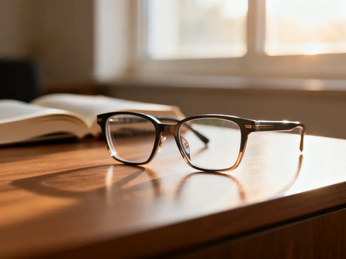 Nowoczesne okulary korekcyjne leżące na drewnianym biurku w przytulnym, słonecznym wnętrzu.