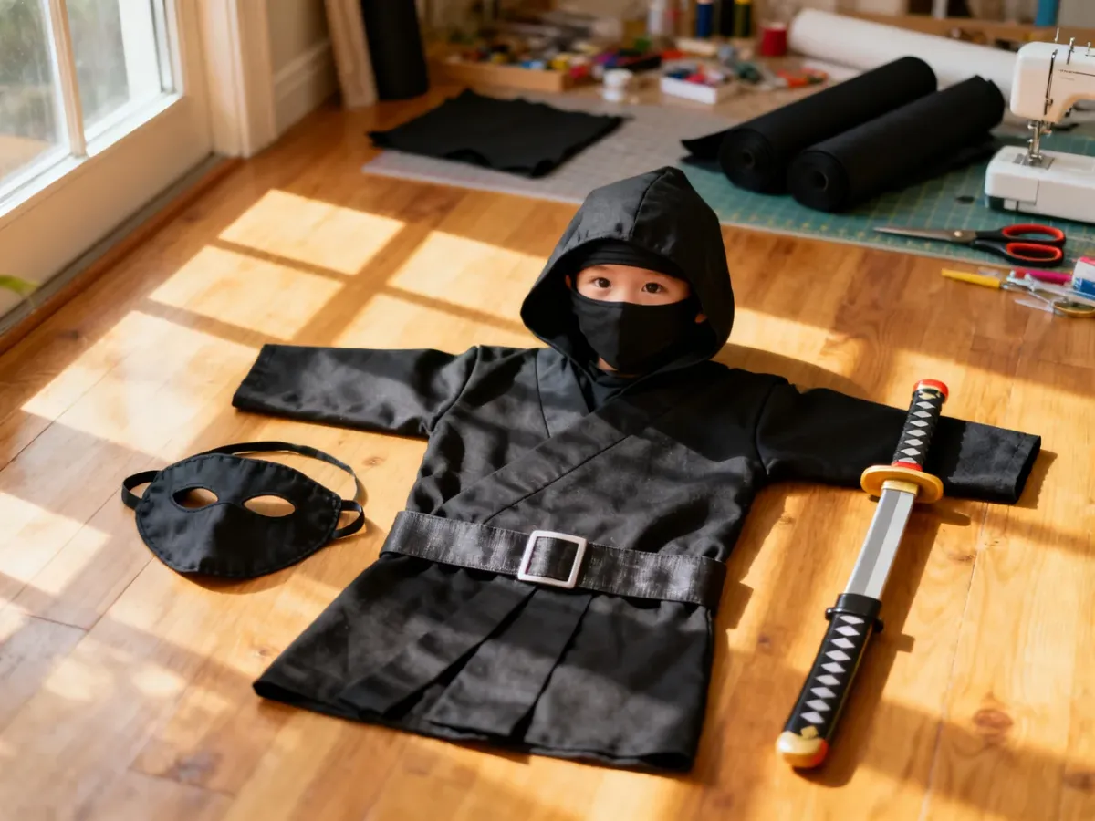 Czarny strój ninja dla dziecka z maską, pasem i zabawkową kataną, przygotowany do samodzielnego wykonania na drewnianej podłodze.