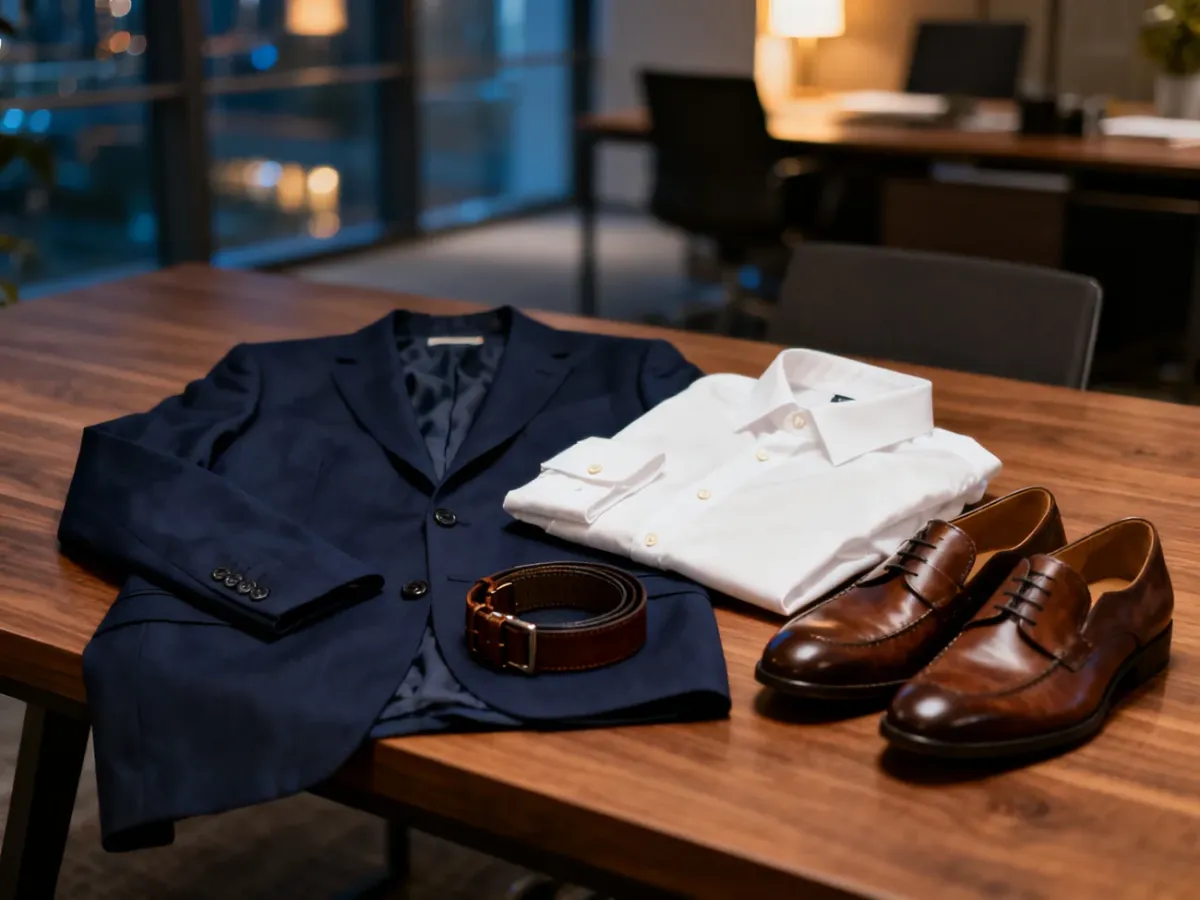Elegancki zestaw ubrań w stylu business casual: granatowa marynarka, biała koszula, skórzany pasek i brązowe mokasyny.
