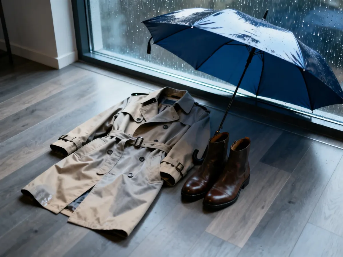 Stylowy płaszcz przeciwdeszczowy, skórzane buty i parasol na drewnianej podłodze w otoczeniu deszczowego klimatu.