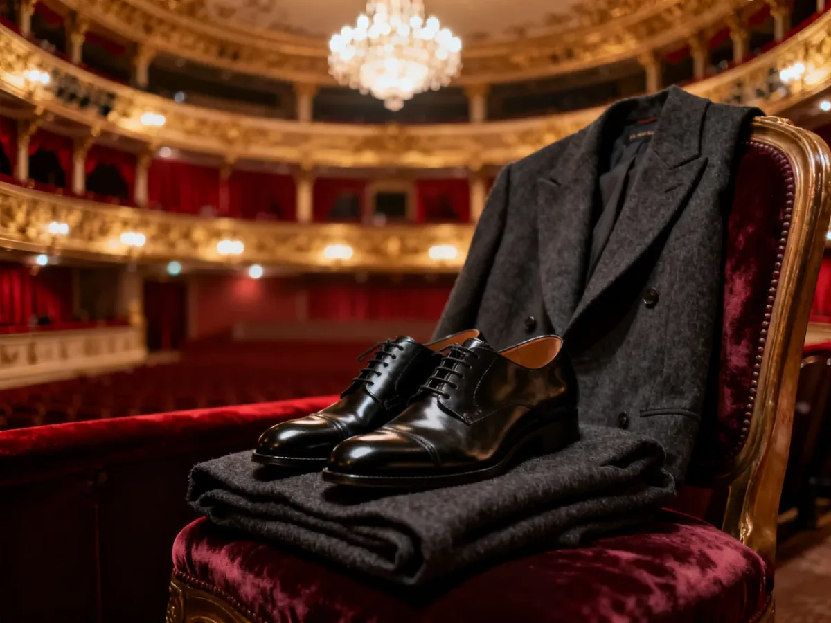 Elegancki płaszcz i wizytowe buty przygotowane na operowy wieczór w luksusowym wnętrzu teatru.