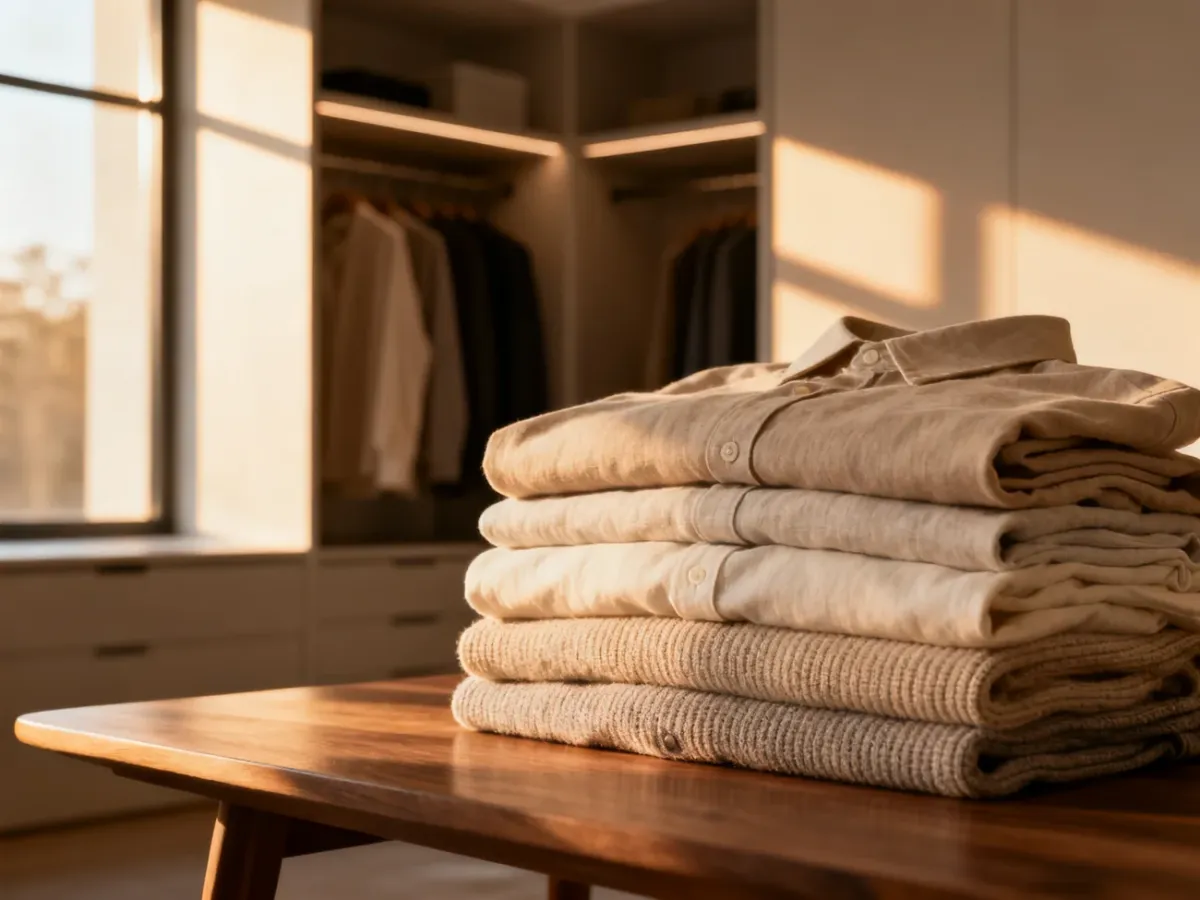 Starannie złożone longsleeve'y w neutralnych kolorach na drewnianym stole, prezentujące różnorodne faktury materiałów.