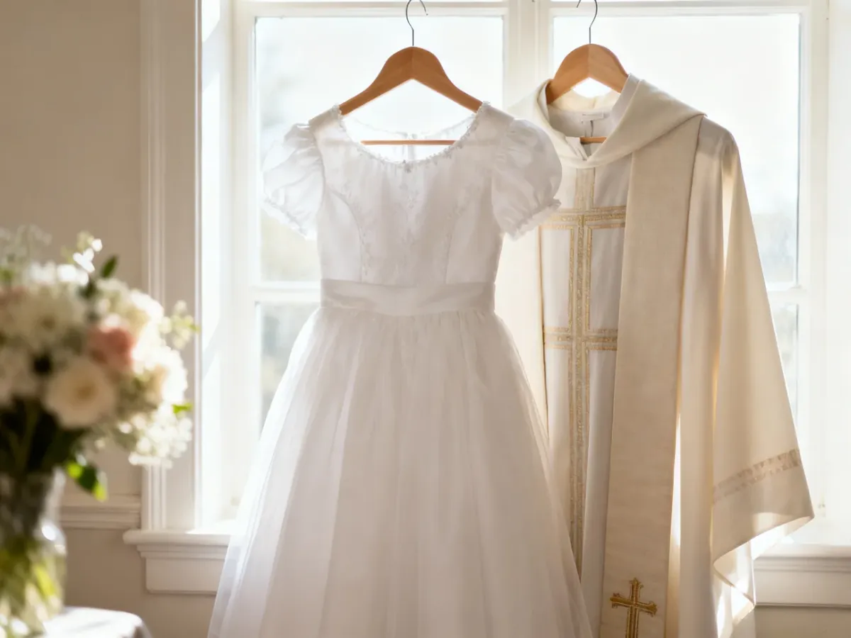 Elegancka sukienka komunijna i tradycyjna alba wiszące obok siebie, prezentujące wybór stroju na Pierwszą Komunię.