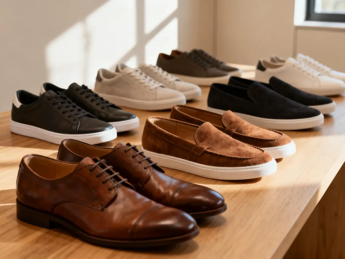 Różnorodne modele męskich butów codziennych, od skórzanych sneakersów po mokasyny, wyeksponowane na drewnianym blacie.