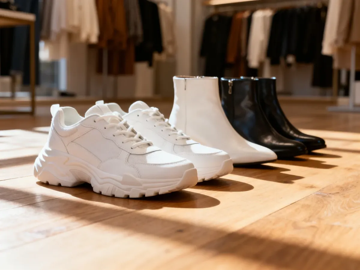 Różnorodne modele damskiego obuwia, od sneakersów po botki, zestawione na drewnianym podłożu jako inspiracja do joggerów.