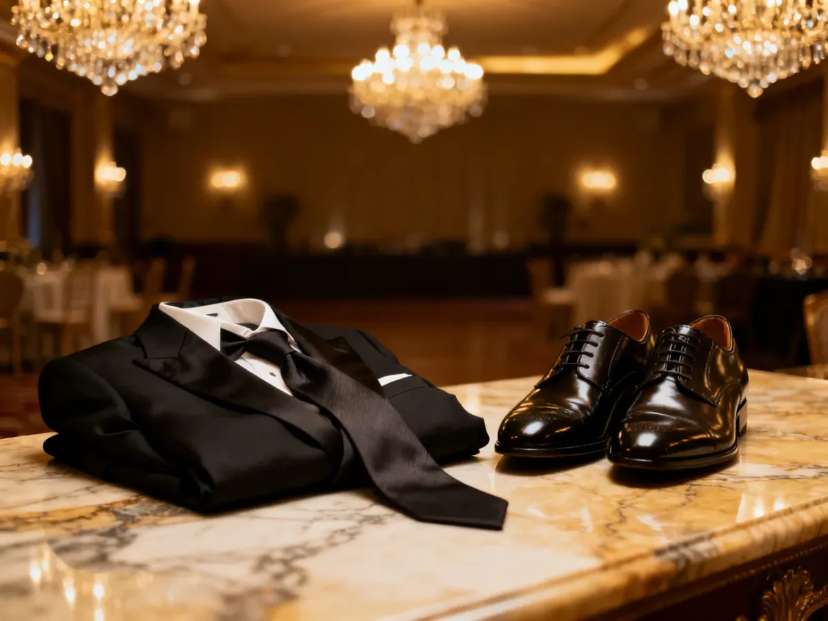 Elegancki zestaw męski: czarna marynarka, jedwabny krawat i skórzane buty przygotowane na bankiet w luksusowym wnętrzu.