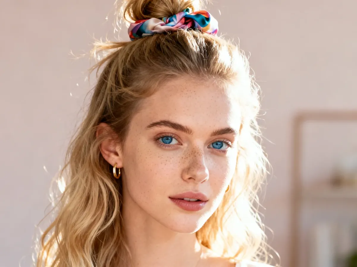 Kobieta w jasnych, falowanych włosach upiętych w luźny kok z kolorową gumką typu scrunchie z apaszką.
