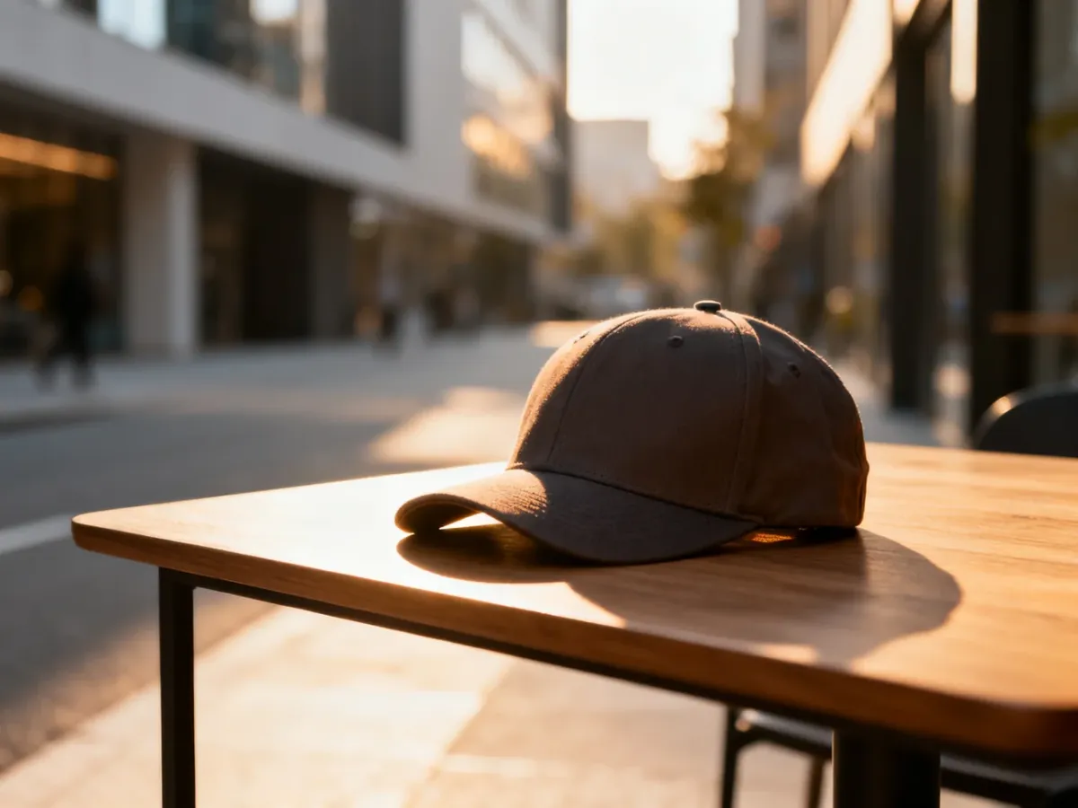 Stylowa czapka typu snapback na drewnianym stole na tle rozmytej miejskiej scenerii w świetle zachodzącego słońca.