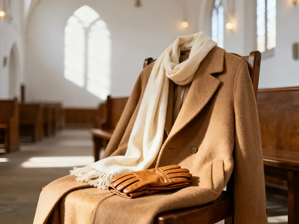 Elegancki wielbłądzi płaszcz z kaszmirowym szalikiem i skórzanymi rękawiczkami, idealny na zimową stylizację na chrzciny.