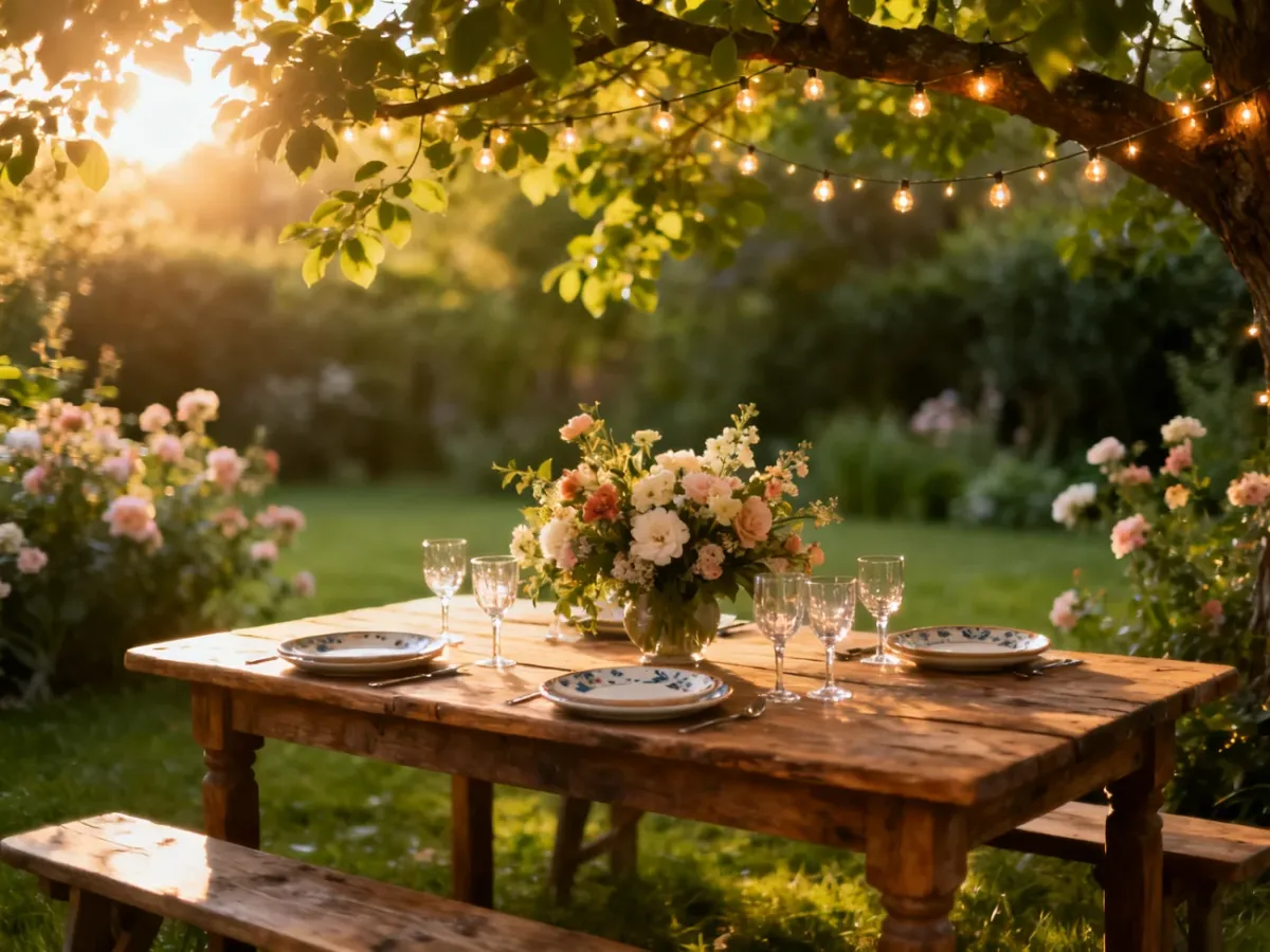 Elegancko nakryty stół w ogrodzie podczas garden party w świetle zachodzącego słońca.
