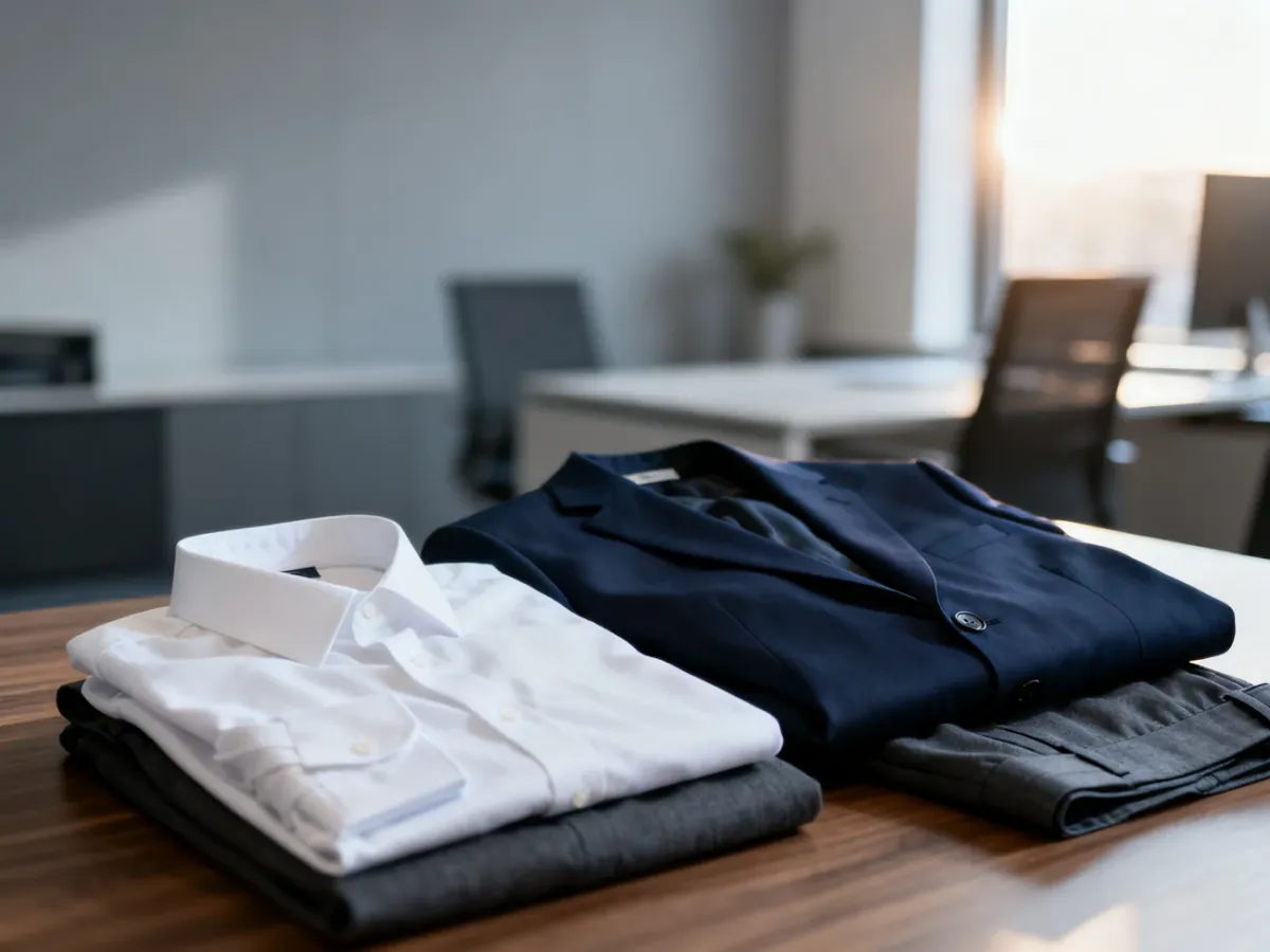 Zestaw ubrań w stylu business casual: biała koszula, granatowa marynarka i szare spodnie przygotowane do pracy.