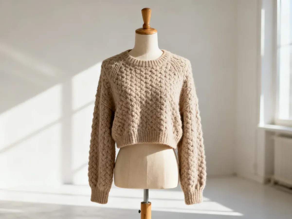 Beżowy sweter o grubym splocie typu crop top wyeksponowany na drewnianym manekinie w minimalistycznym studiu.