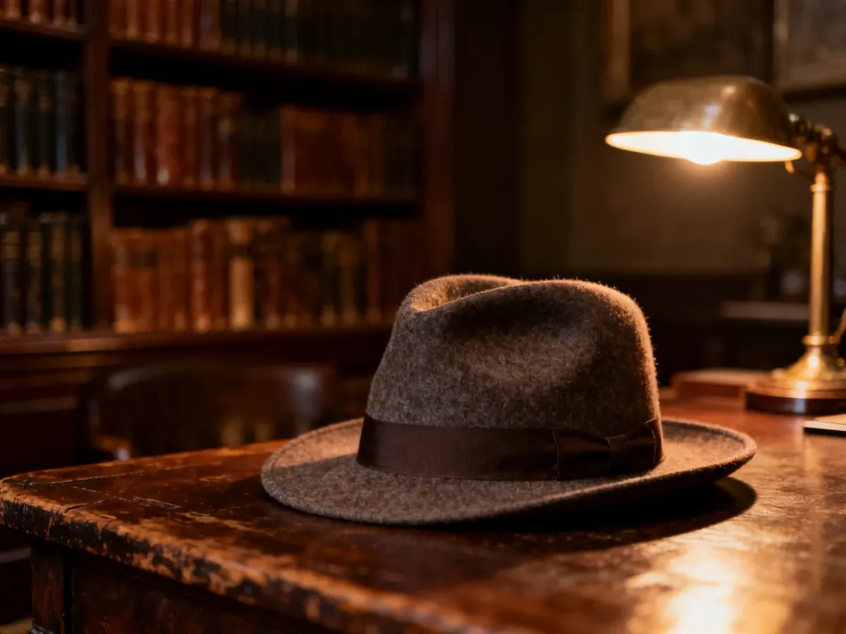 Stylowy filcowy kapelusz fedora na drewnianym stole w przytulnym gabinecie z książkami w tle.
