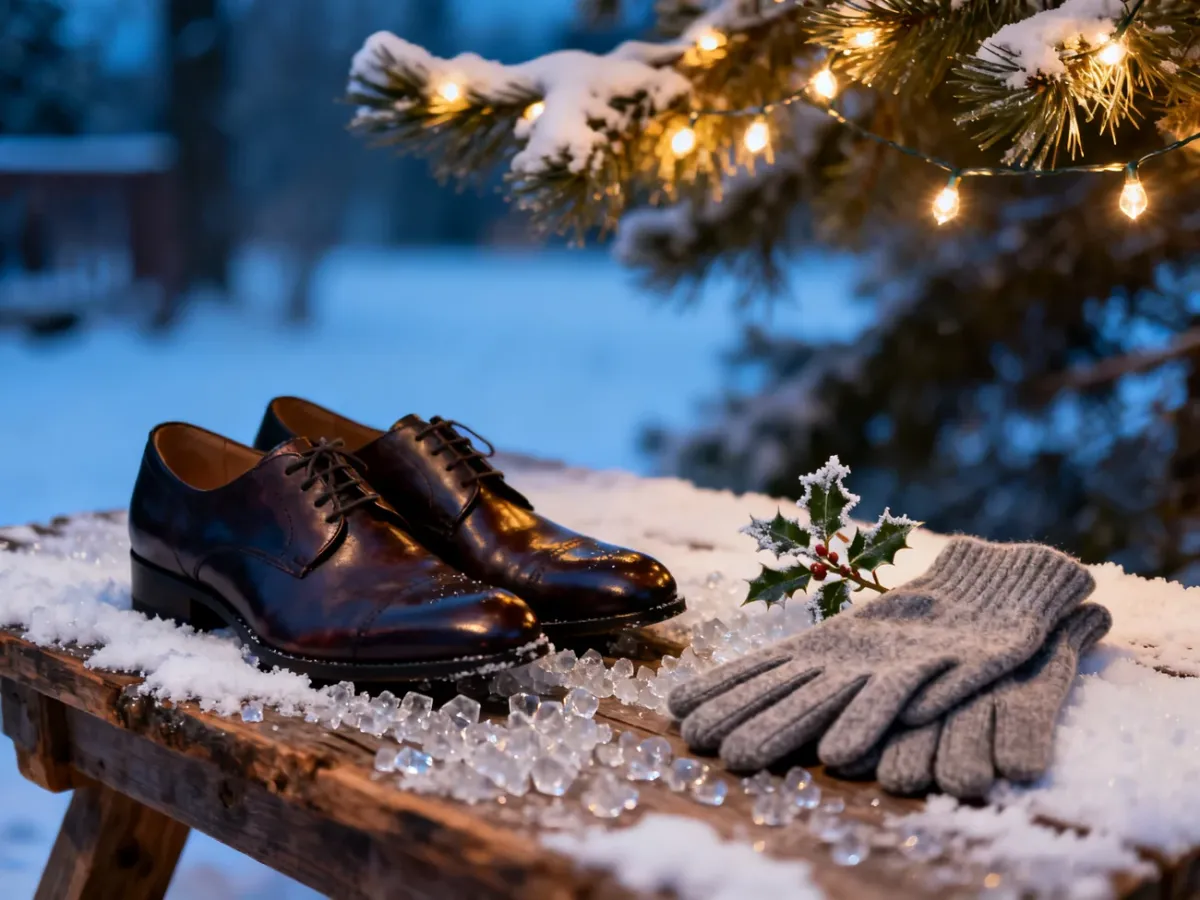 Eleganckie skórzane buty ślubne na ośnieżonym drewnie, obok wełniane rękawiczki i gałązka ostrokrzewu w zimowej scenerii.
