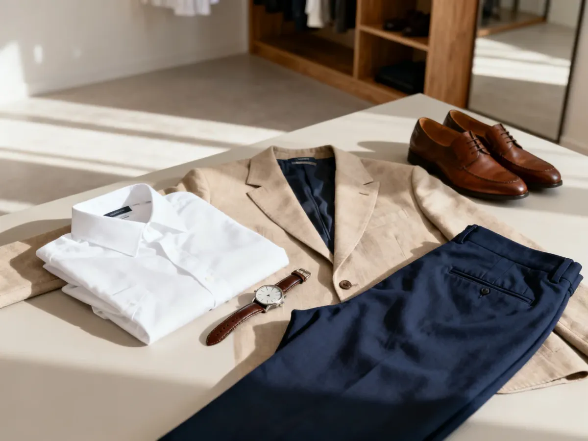 Elegancki zestaw ubrań w stylu smart casual: biała koszula, beżowa marynarka, granatowe spodnie oraz skórzane dodatki.