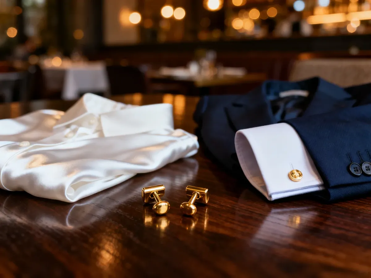 Elegancka biała bluzka, granatowa marynarka i złote spinki do mankietów na tle restauracyjnego wnętrza.
