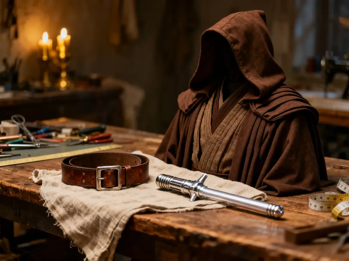 Brązowa szata Jedi, skórzany pas i rękojeść miecza świetlnego przygotowane na drewnianym stole w pracowni krawieckiej.