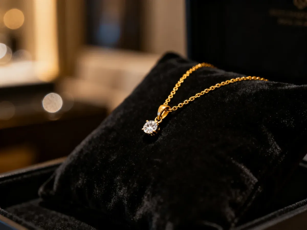 Elegancki złoty naszyjnik z diamentem na czarnej aksamitnej sukience, podkreślający luksusowy charakter stylizacji.